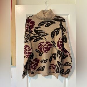 St. John's Bay Tan Deep Red Roses Turtleneck Sweater Side Button Detail Sz XL